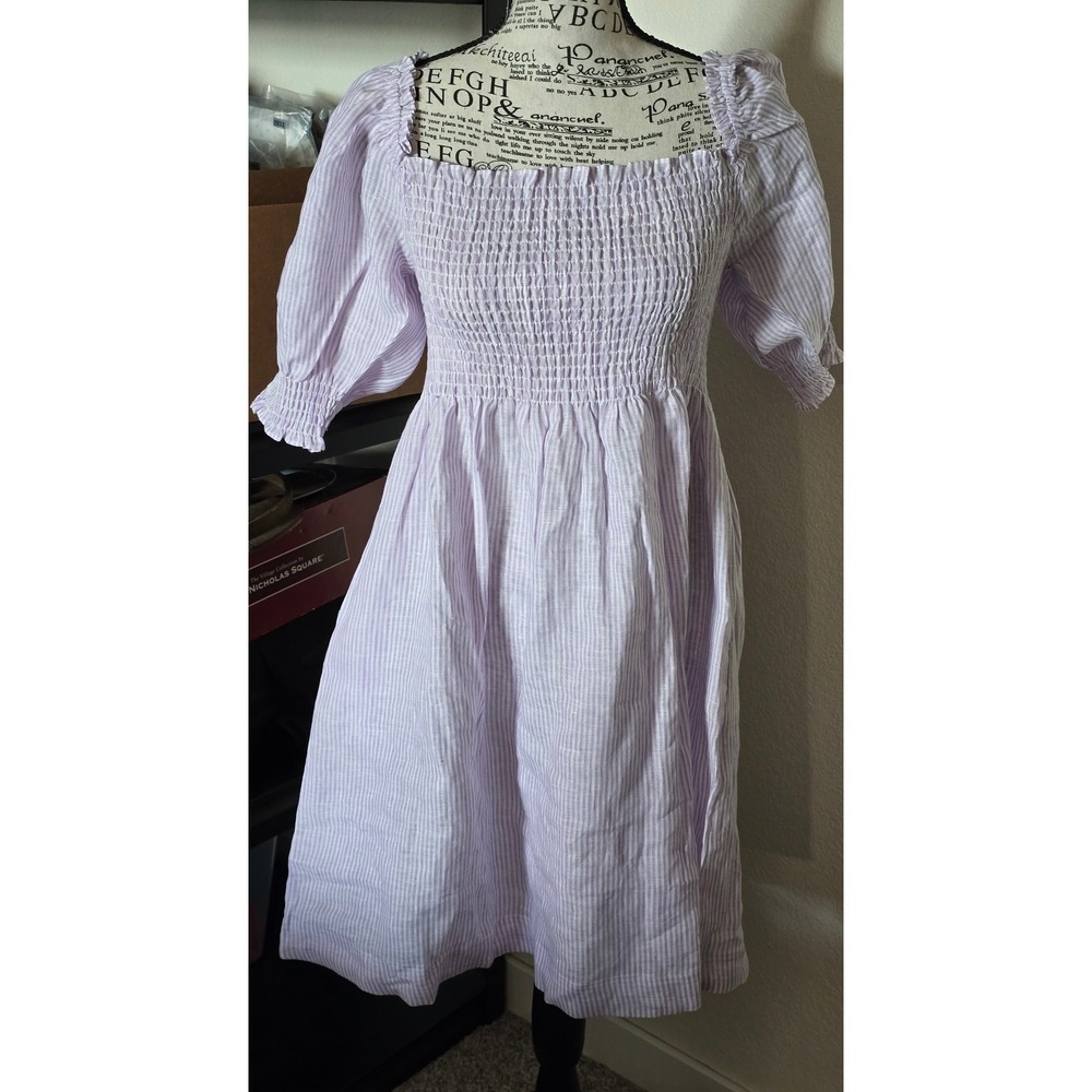 Hill House The Athena Midi Sleeve Nap Dress Womens S Lilac Stripe Smocked NWT